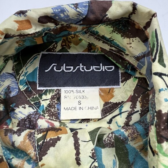Vintage SUBSTUDIO Mens S Green Abstract Art Silk Button Up Long Sleeve Shirt 90s - Picture 5 of 6